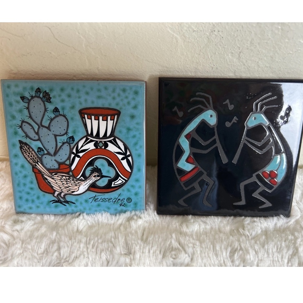 Lot of 2  Cleo Teissedre Southwest Ceramic Art Tiles Kokopelli Roadrunner Cacti